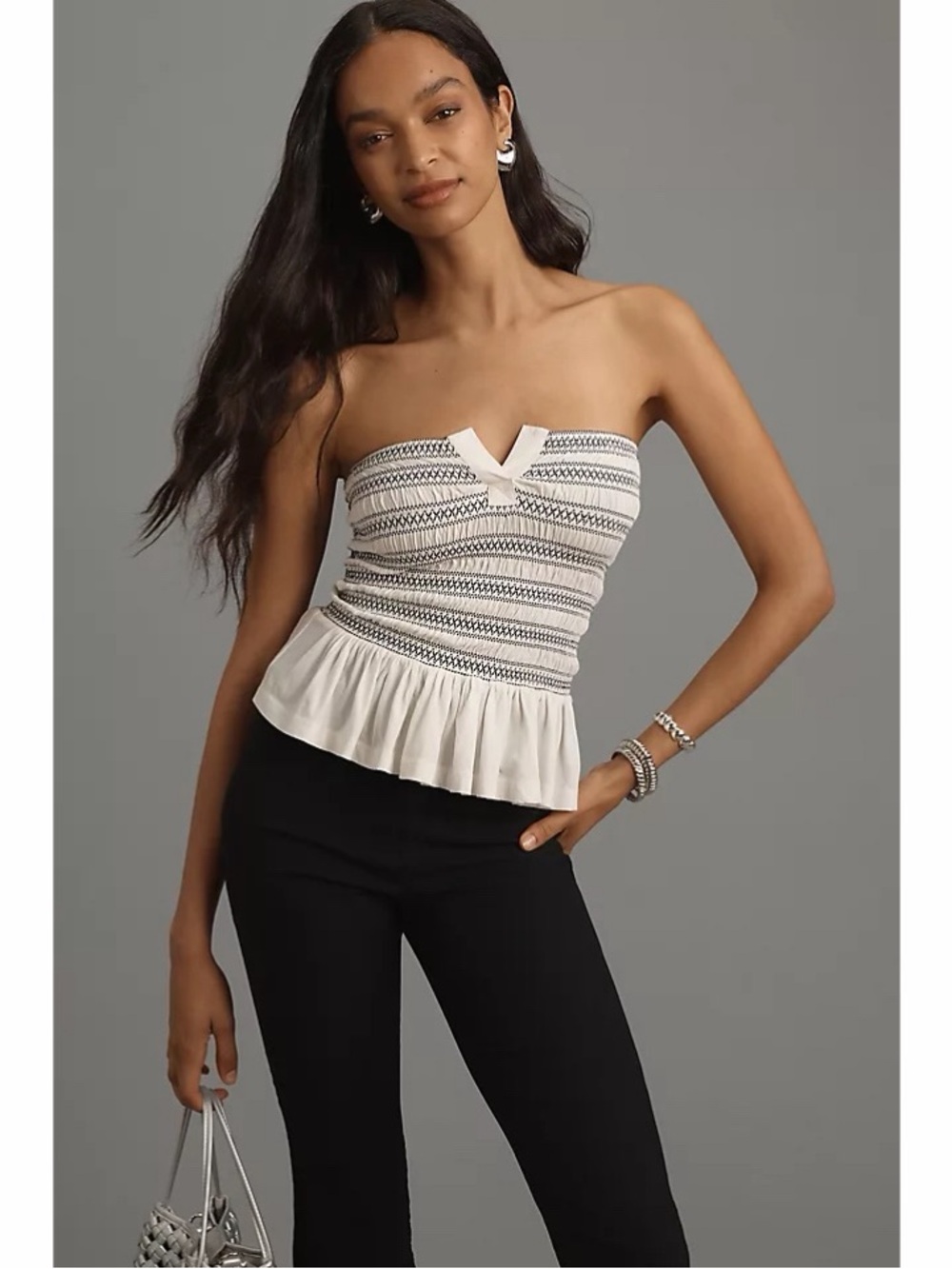 Anthropologie Maeve Smocked Peplum Tube Top Strapless Ivory Black Size M NWT